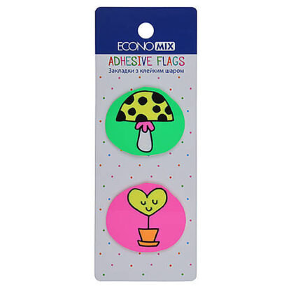 Закладки з клейким шаром 35х40 мм Economix Fun heart and mushroom, 40 шт., пластикові, асорті