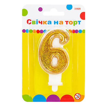 Свічка золотиста двостороння з блискітками "6", 7,62 см, на торт