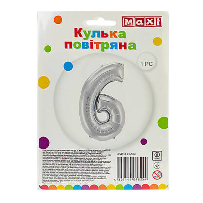 Куля повітряна срібляста фольгована "6", розмір 85*53 см