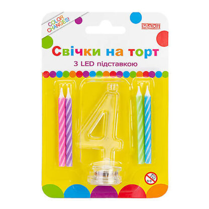 Набір: 4 свічки на торт з LED підставкою "4", що світиться