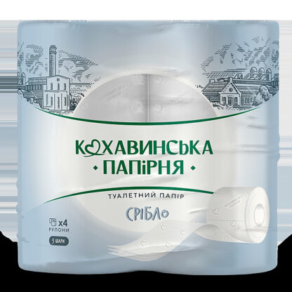 Папір туал. целюлоз. "Срібло", по 4 рул., на гільзі, 3-х шар., білий КОХАВИНКА