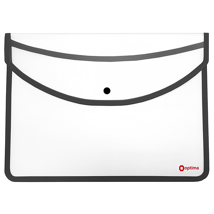 Папка-конверт А4+ на кнопці, прозора, Optima, 500 мкм, чорний кант