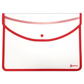 Папка-конверт А4+ на кнопці, прозора, Optima, 500 мкм, червоний кант