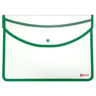 Папка-конверт А4+ на кнопці, прозора, Optima, 500 мкм, зелений кант