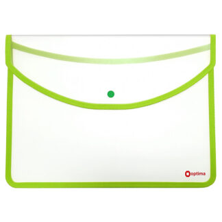 Папка-конверт А4+ на кнопці, прозора, Optima, 500 мкм, салатовий кант