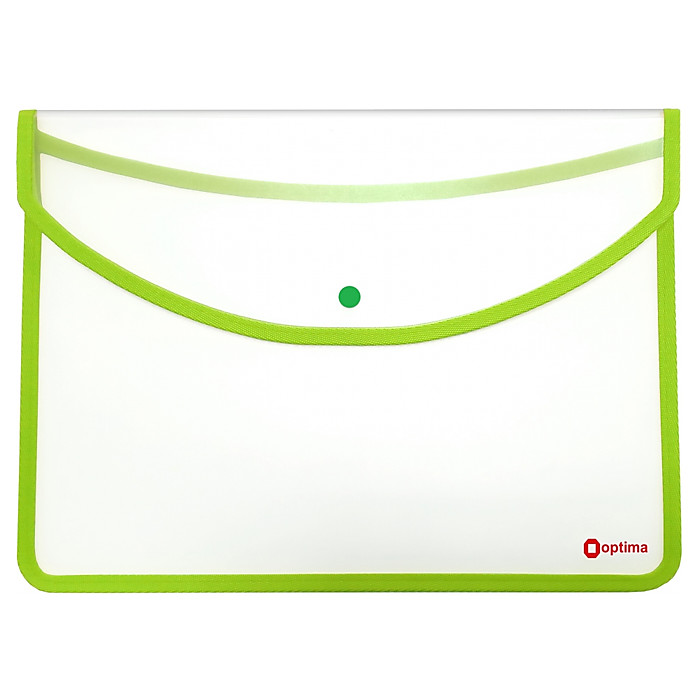 Папка-конверт А4+ на кнопці, прозора, Optima, 500 мкм, салатовий кант